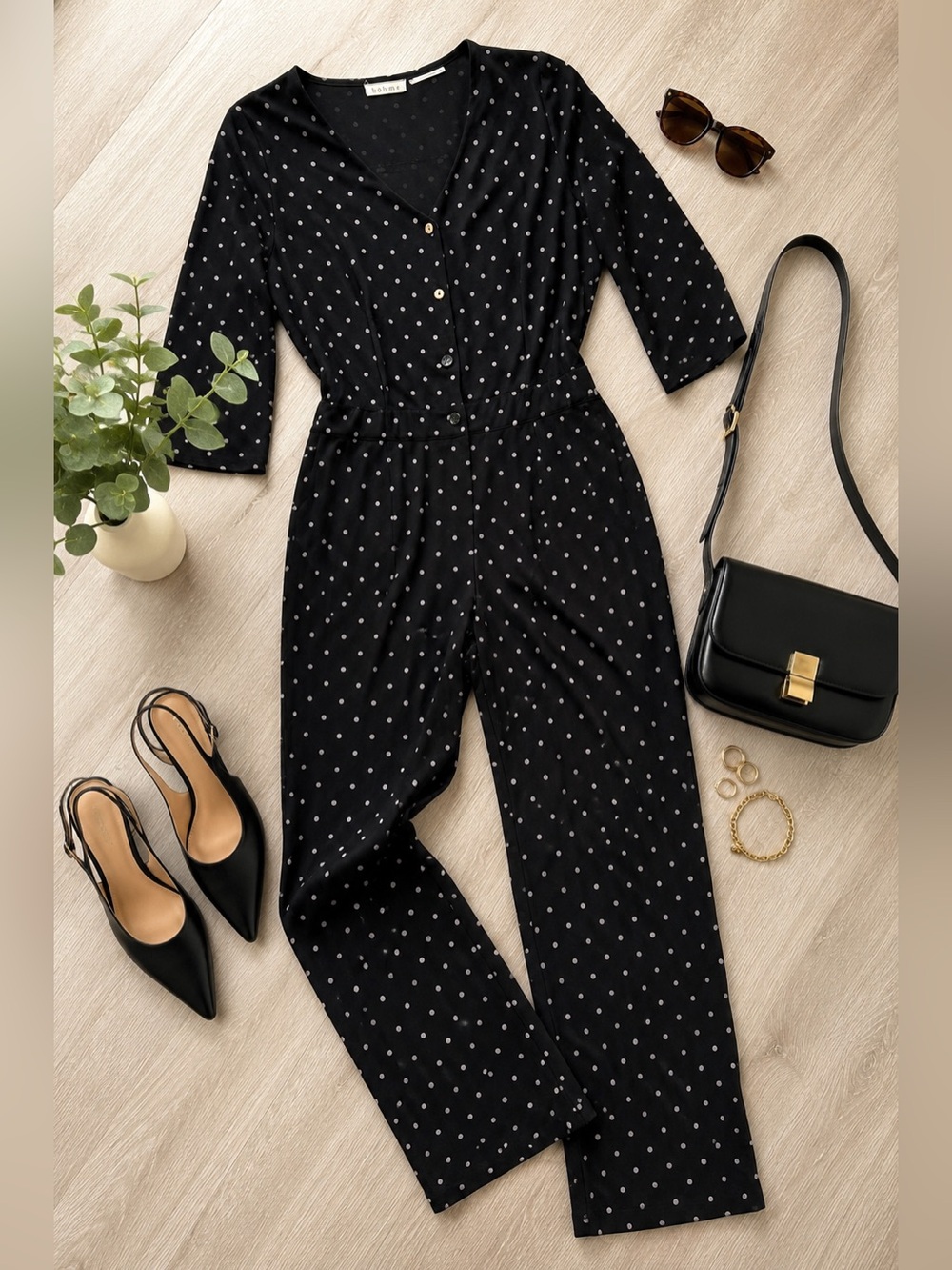 Böhme Black Polka Dot Jumpsuit Size S V-Neck Button Front 3/4 Sleeve